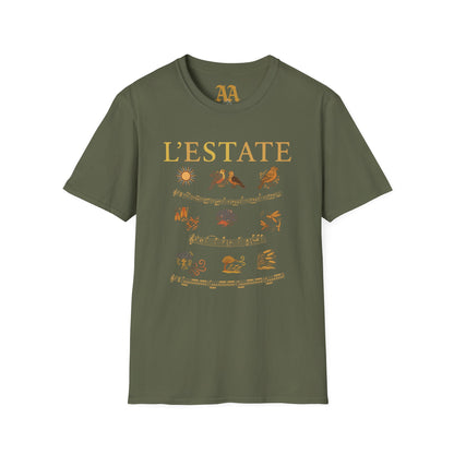 Vivaldi Summer T Shirt with musical excerpts and images depicting the season T Shirt__Military Green__hanging