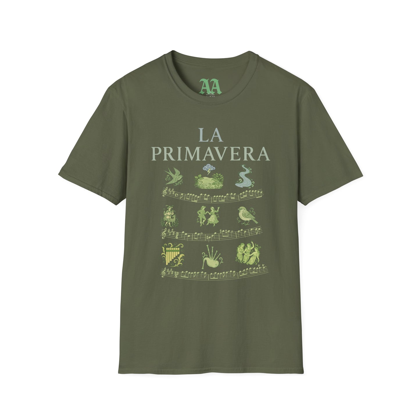 Vivaldi Spring T Shirt with musical excerpts and images depicting the season T Shirt__Military Green__hanging