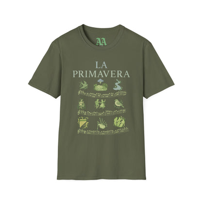 Vivaldi Spring T Shirt with musical excerpts and images depicting the season T Shirt__Military Green__hanging