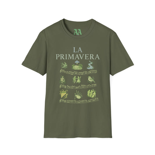 Vivaldi Spring T Shirt with musical excerpts and images depicting the season T Shirt__Military Green__hanging