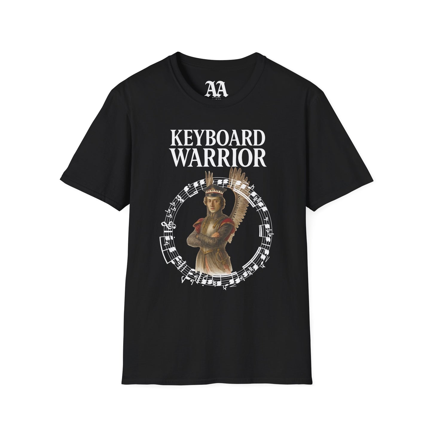 Chopin dressed as a winged hussar labelled keyboard warrior with excerpt from his A-flat polonaise T Shirt__Black__hanging