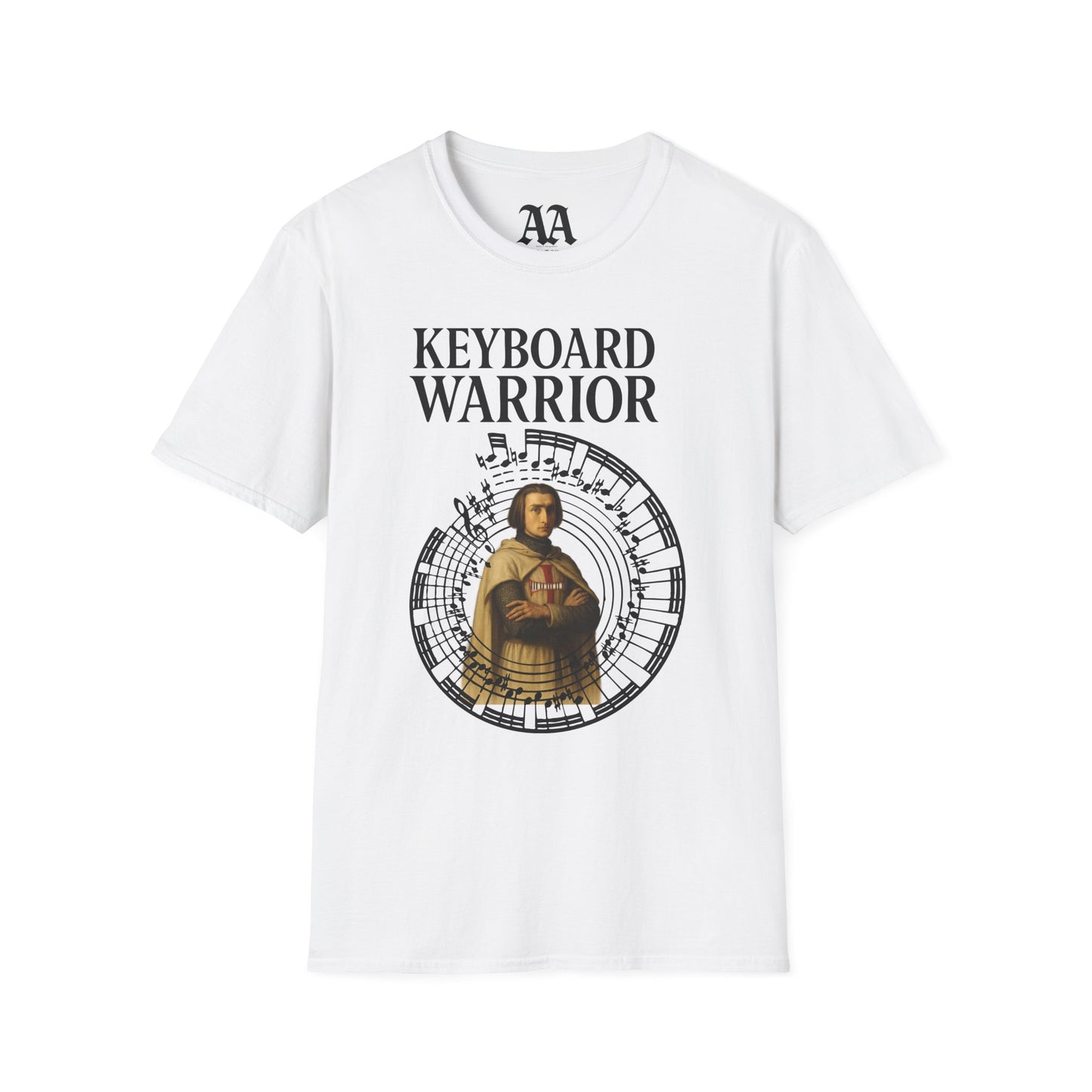 Franz Liszt Keyboard Warrior dressed as a Knights Templar circled by excerpt from his Mephisto Waltz number 1 T Shirt__White__hanging