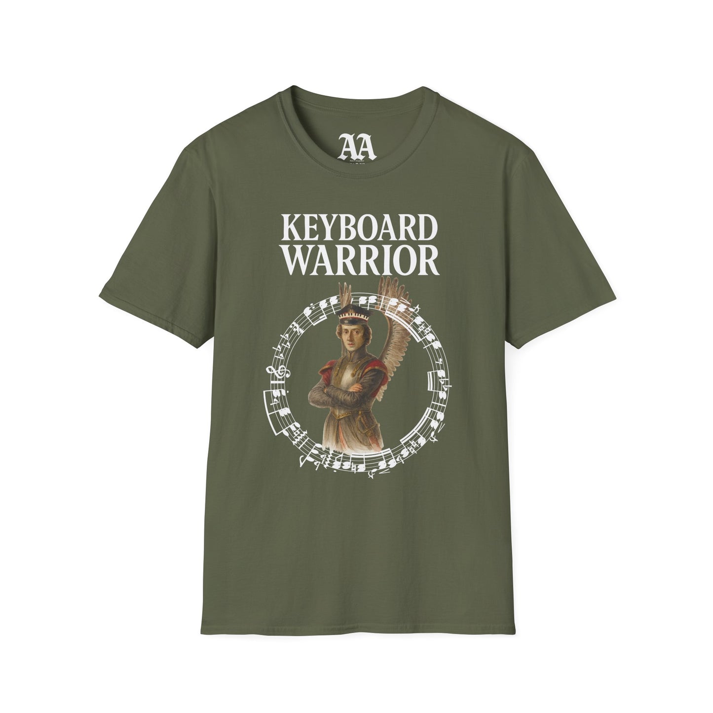 Chopin dressed as a winged hussar labelled keyboard warrior with excerpt from his A-flat polonaise T Shirt__Military Green__hanging