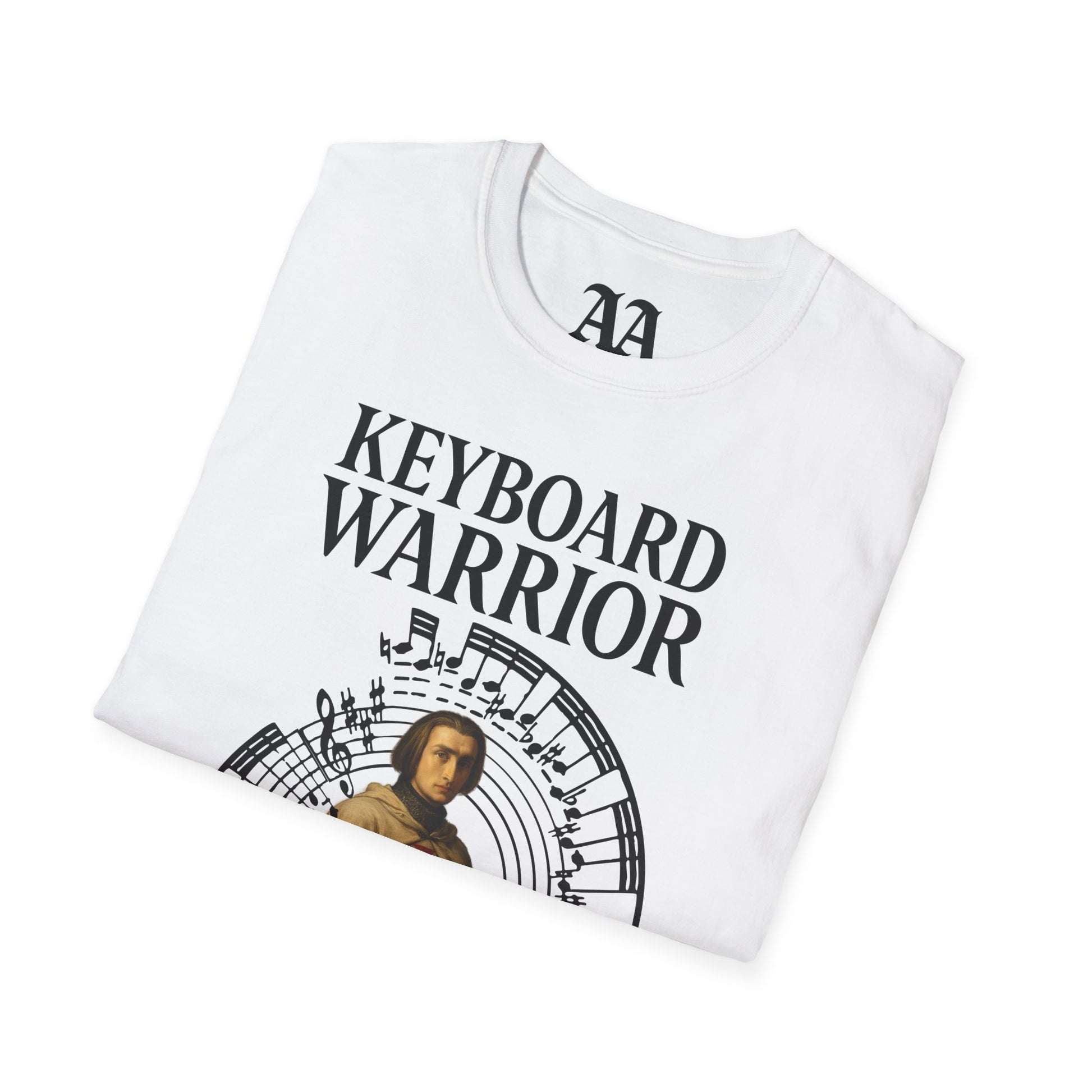 Franz Liszt Keyboard Warrior dressed as a Knights Templar circled by excerpt from his Mephisto Waltz number 1 T Shirt__White__folded