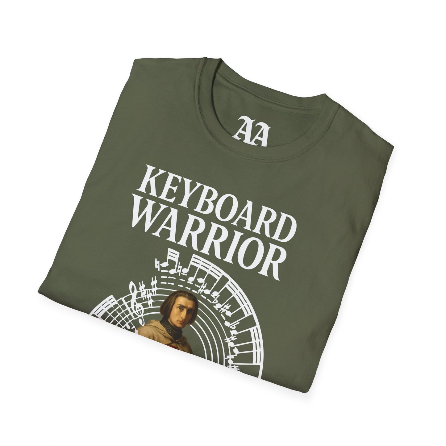 Franz Liszt Keyboard Warrior dressed as a Knights Templar circled by excerpt from his Mephisto Waltz number 1 T Shirt__Military Green__folded