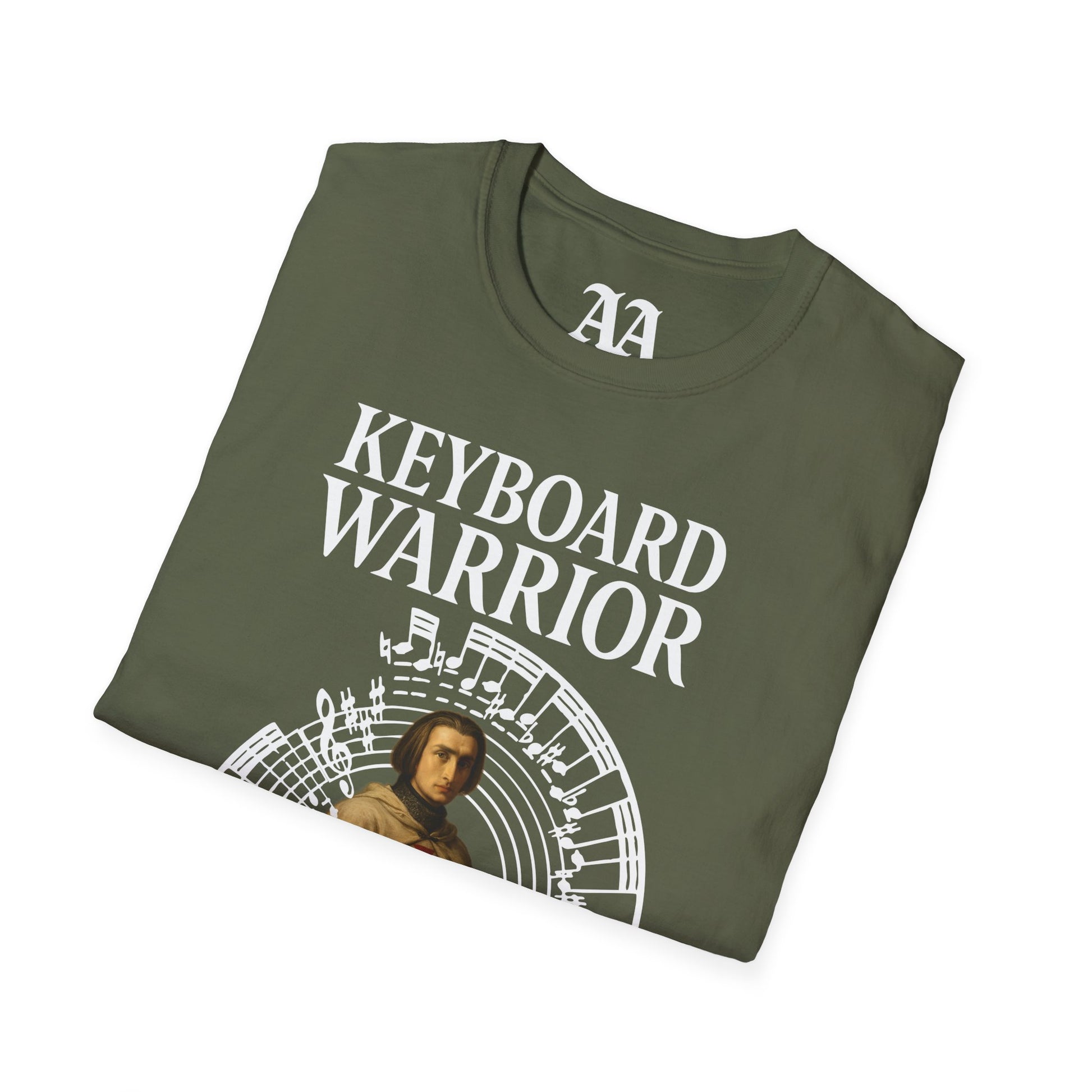Franz Liszt Keyboard Warrior dressed as a Knights Templar circled by excerpt from his Mephisto Waltz number 1 T Shirt__Military Green__folded