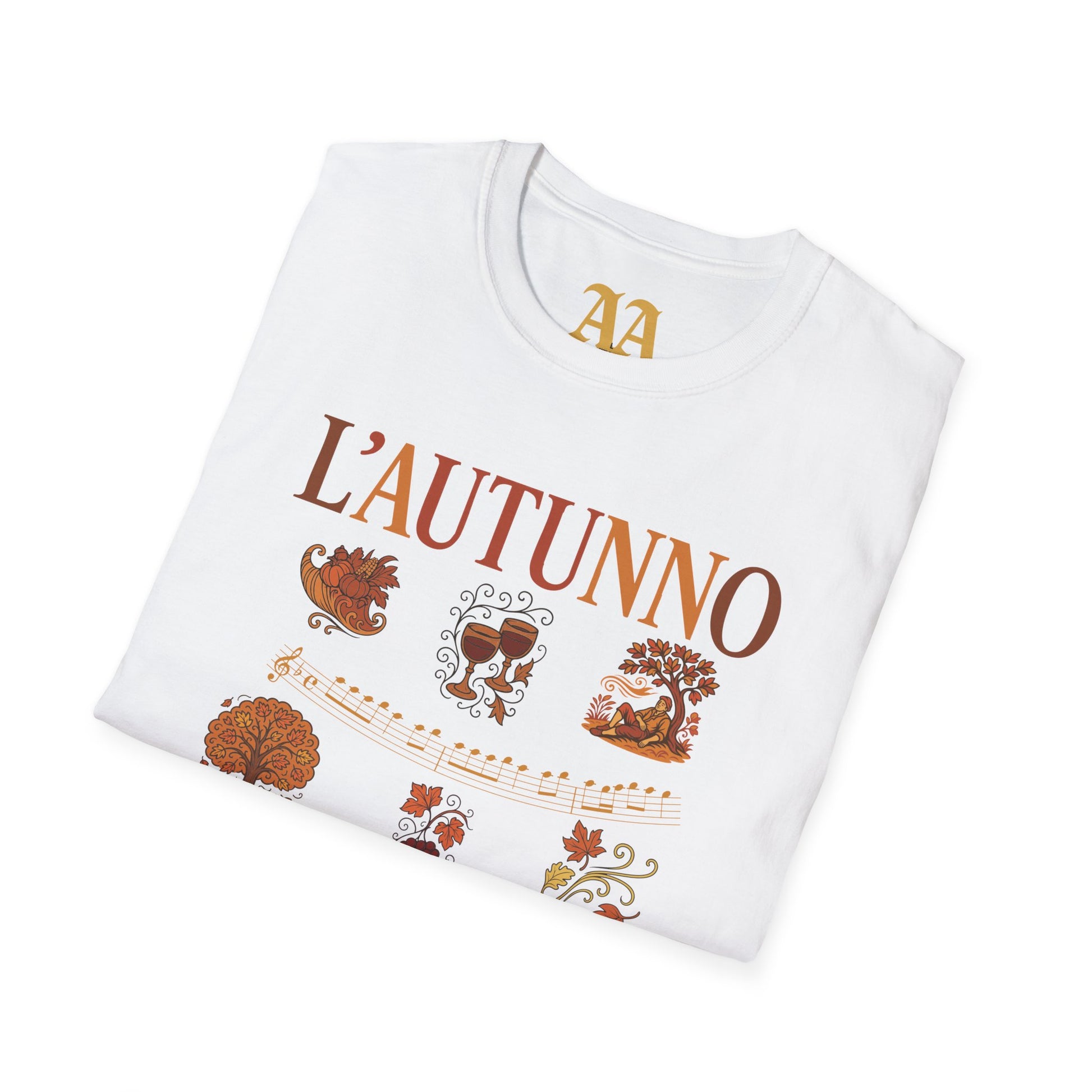 Vivaldi Autumn T Shirt with musical excerpts and images depicting the season T Shirt__White__folded