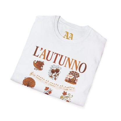 Vivaldi Autumn T Shirt with musical excerpts and images depicting the season T Shirt__White__folded