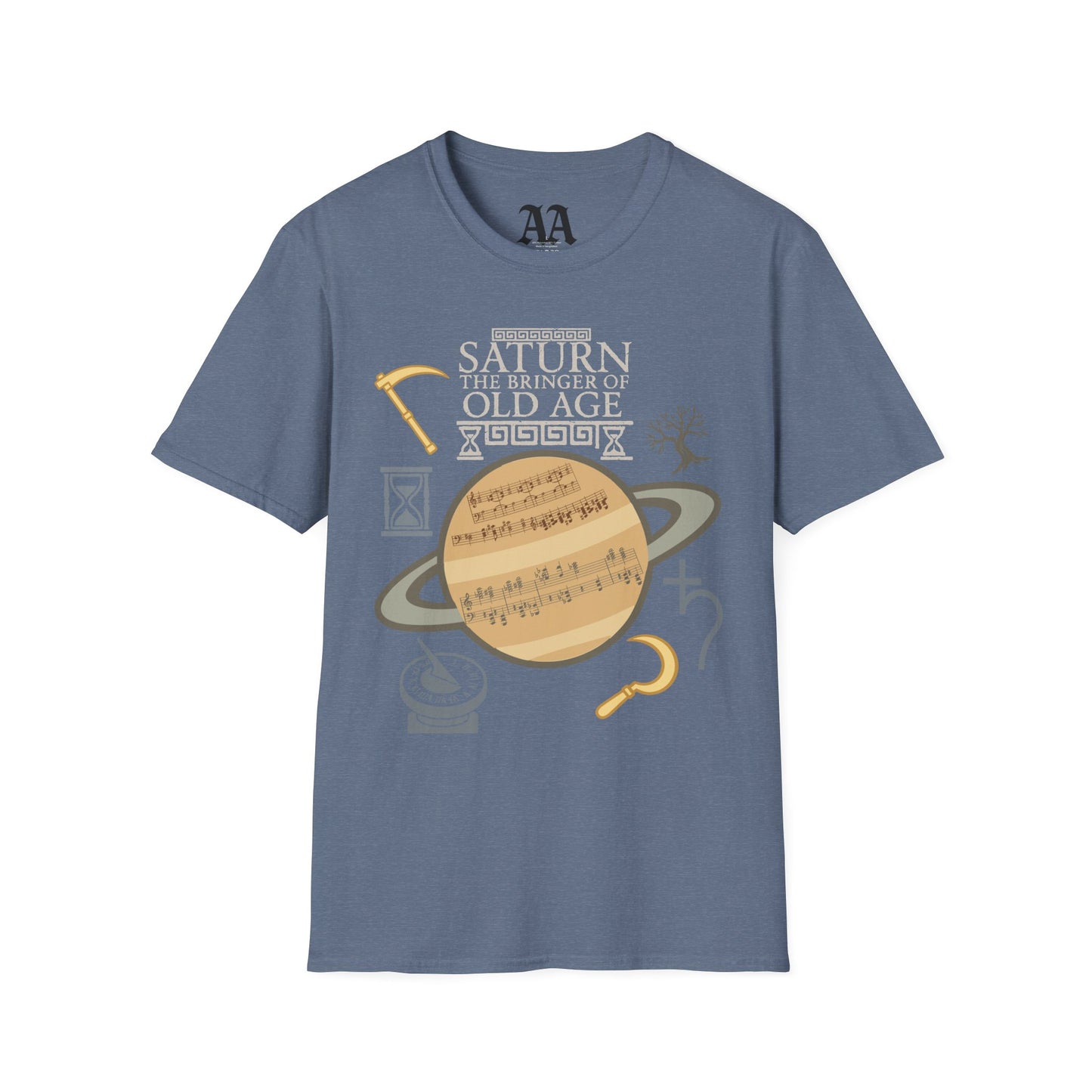 Holst Saturn sheet music astrological symbols T Shirt__Heather Indigo__hanging
