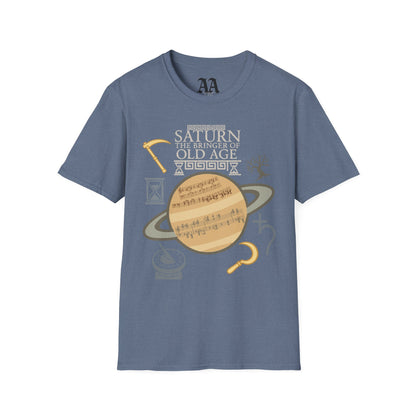 Holst Saturn sheet music astrological symbols T Shirt__Heather Indigo__hanging