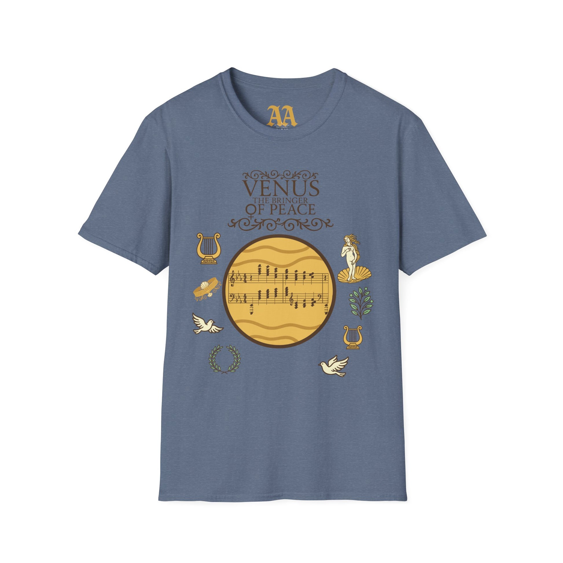 
Holst Venus sheet music astrological symbols T Shirt__Heather Indigo__hanging