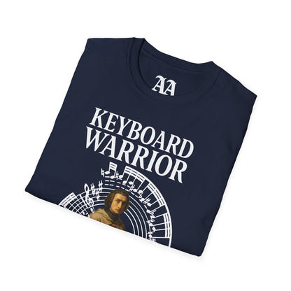 Franz Liszt Keyboard Warrior dressed as a Knights Templar circled by excerpt from his Mephisto Waltz number 1 T Shirt__Navy__folded