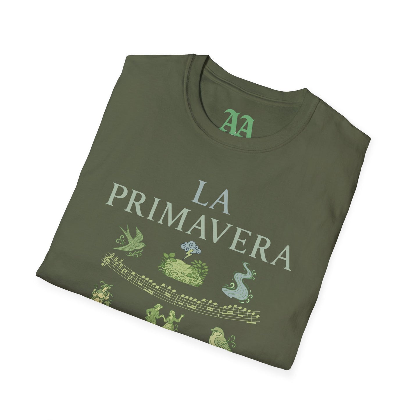 Vivaldi Spring T Shirt with musical excerpts and images depicting the season T Shirt__Military Green__folded