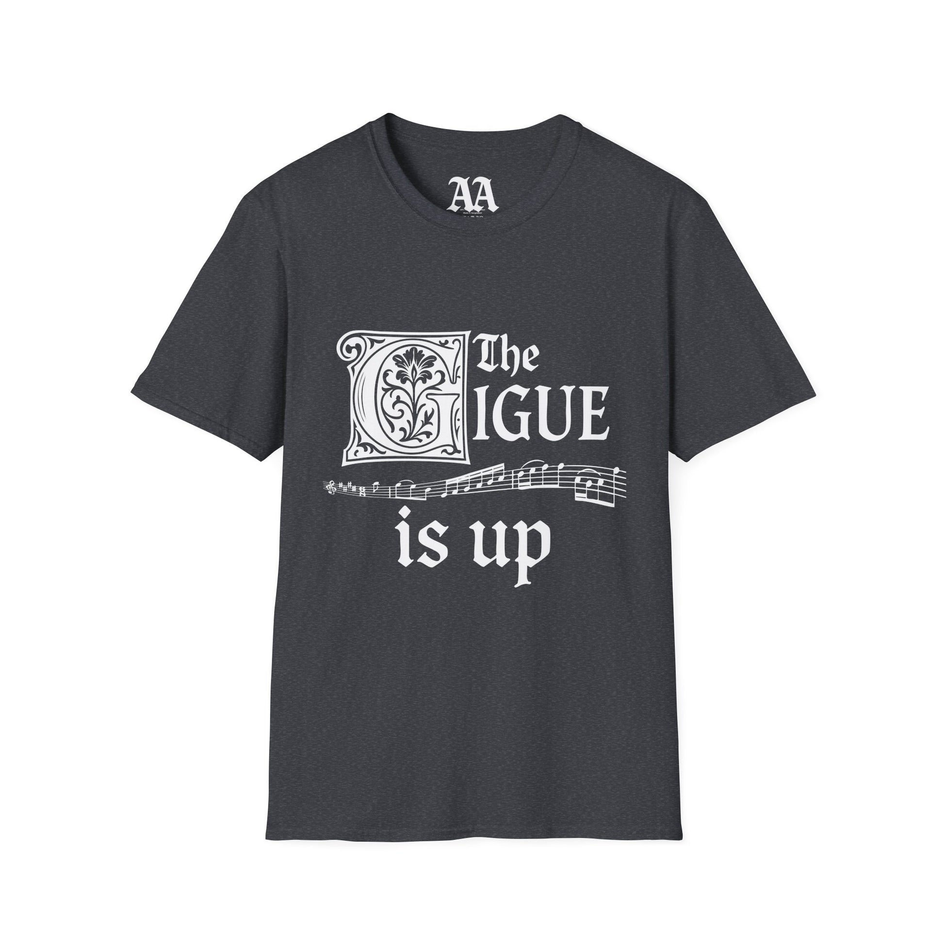 Music pun Gigue is up Bach Partita T Shirt__Dark Heather Grey__hanging