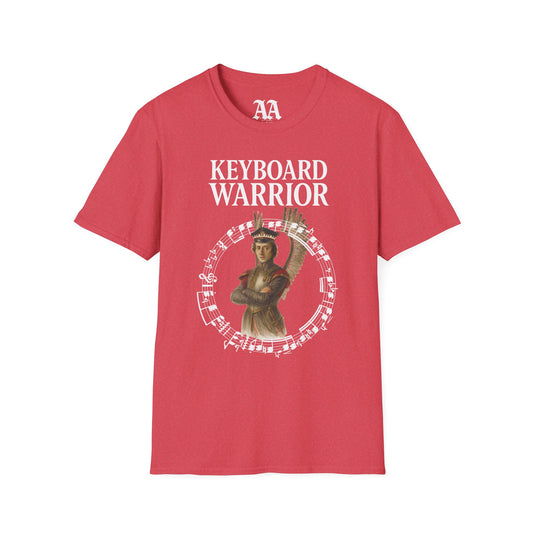 Chopin dressed as a winged hussar labelled keyboard warrior with excerpt from his A-flat polonaise T Shirt__Heather Red__hanging
