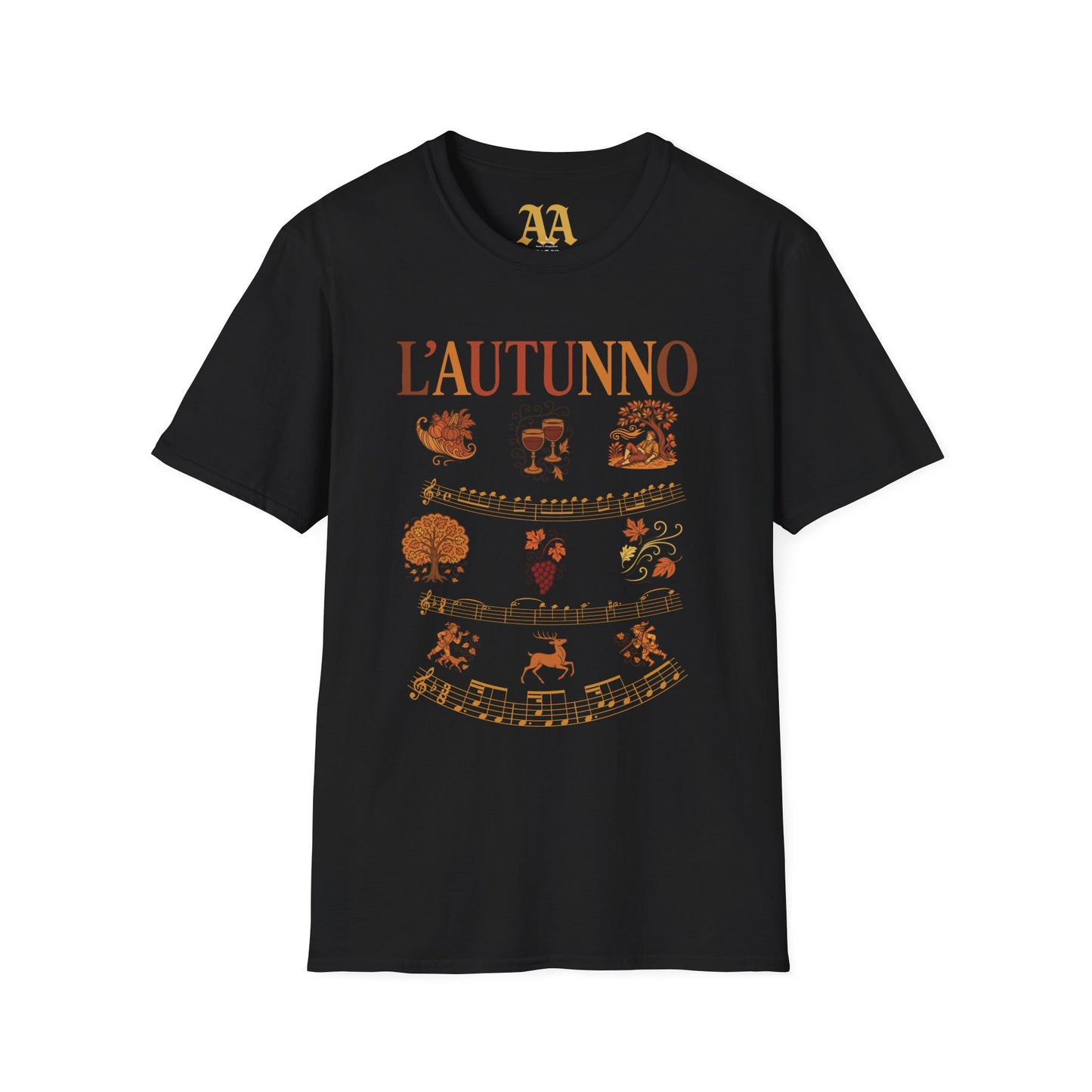 Vivaldi Autumn T Shirt with musical excerpts and images depicting the season T Shirt__Black__hanging