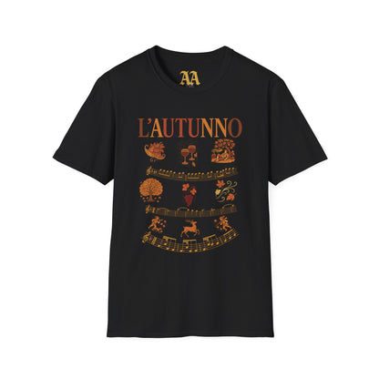 Vivaldi Autumn T Shirt with musical excerpts and images depicting the season T Shirt__Black__hanging