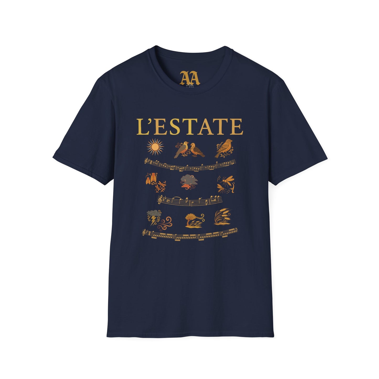 Vivaldi Summer T Shirt with musical excerpts and images depicting the season T Shirt__Navy__hanging
