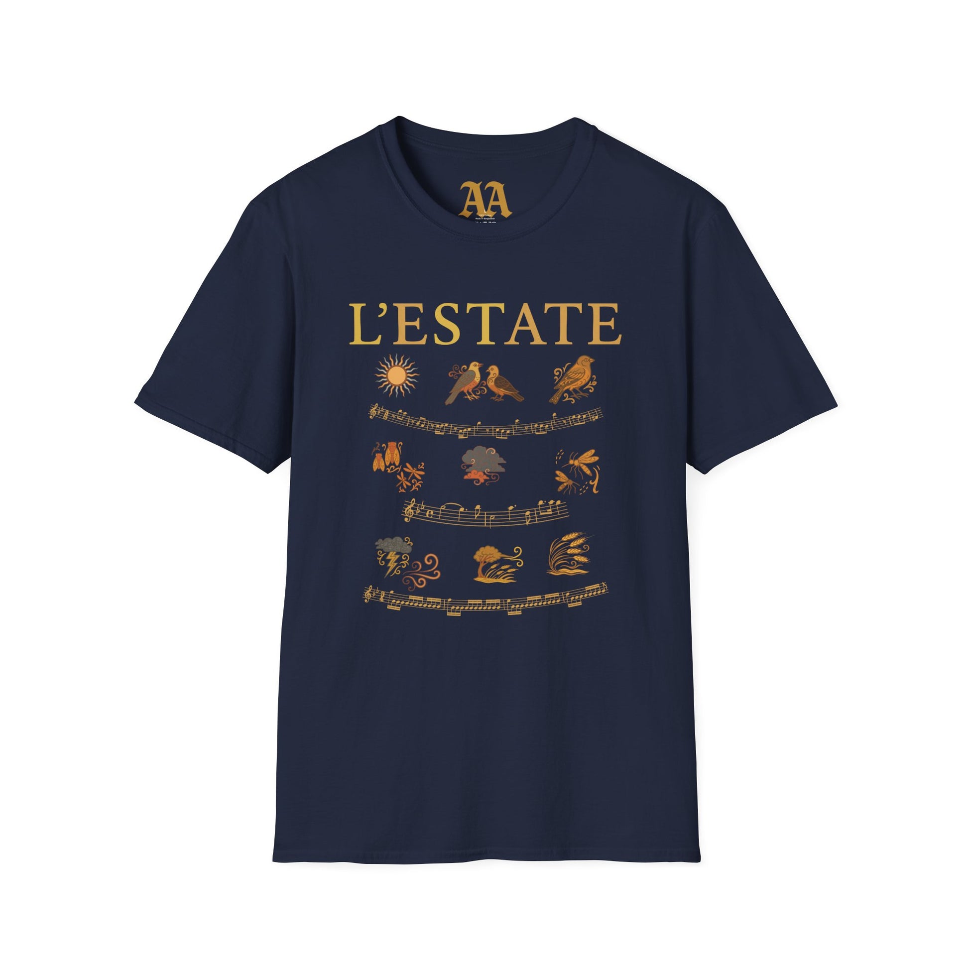 Vivaldi Summer T Shirt with musical excerpts and images depicting the season T Shirt__Navy__hanging