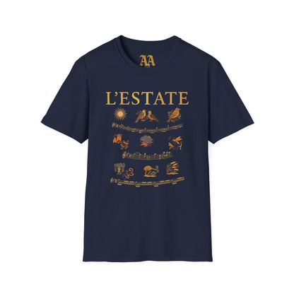 Vivaldi Summer T Shirt with musical excerpts and images depicting the season T Shirt__Navy__hanging