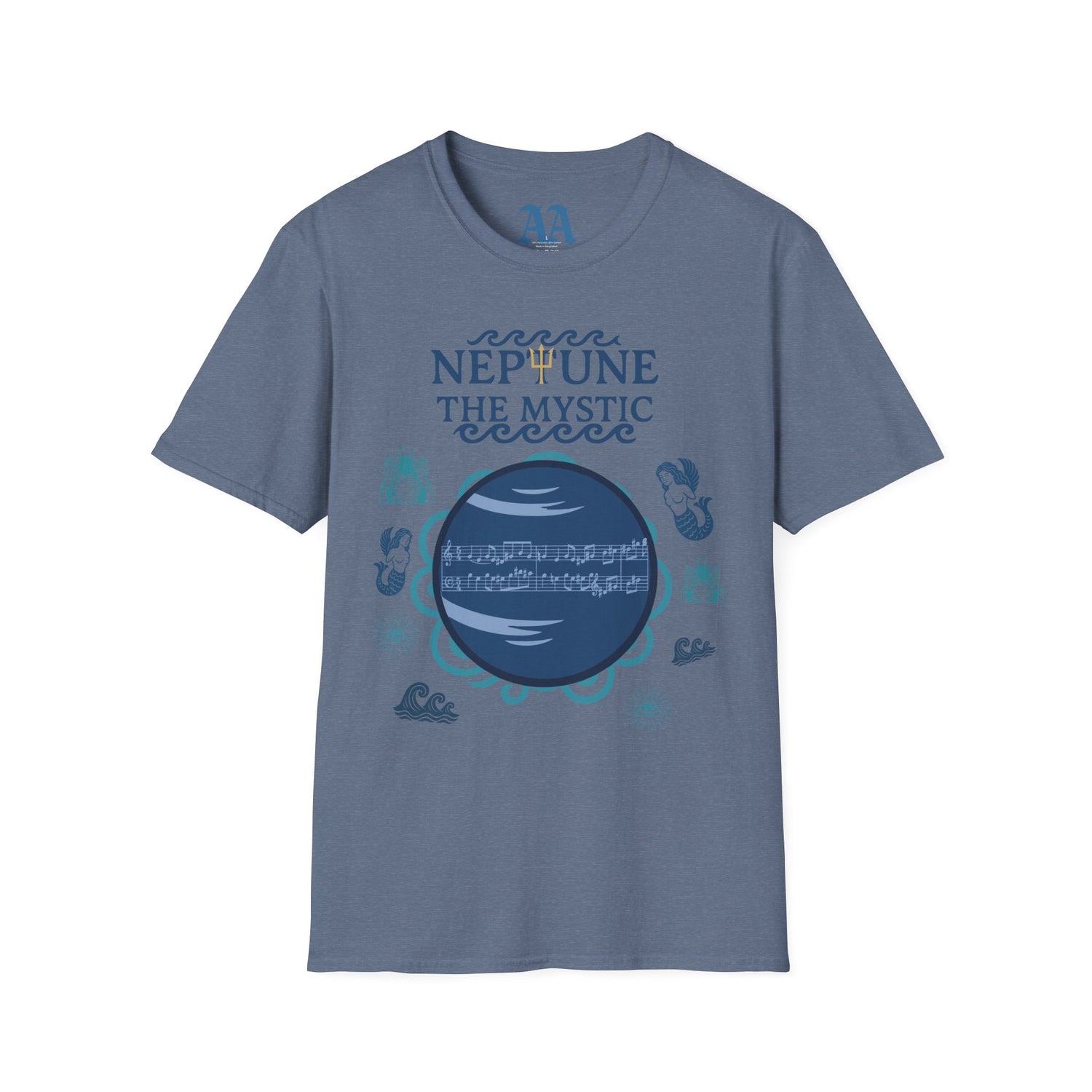 Holst Neptune sheet music astrological symbols T Shirt__Heather Indigo__hanging