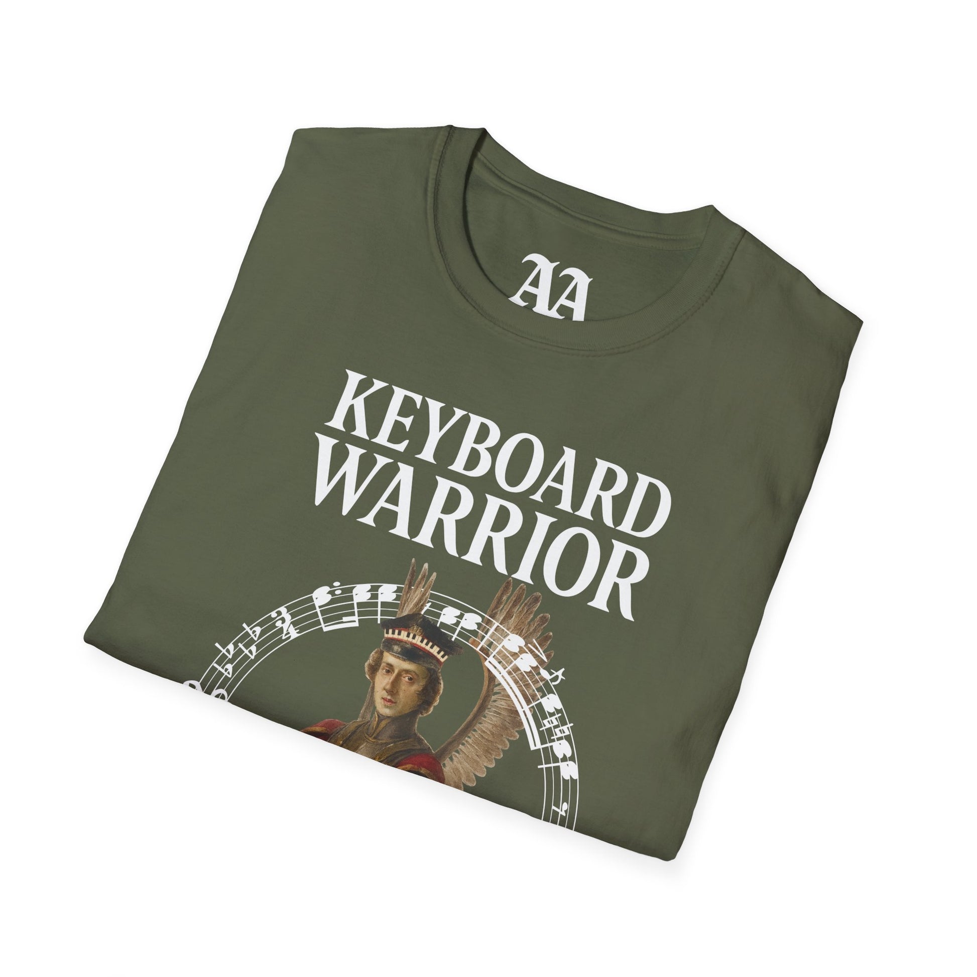 Chopin dressed as a winged hussar labelled keyboard warrior with excerpt from his A-flat polonaise T Shirt__Military Green__folded