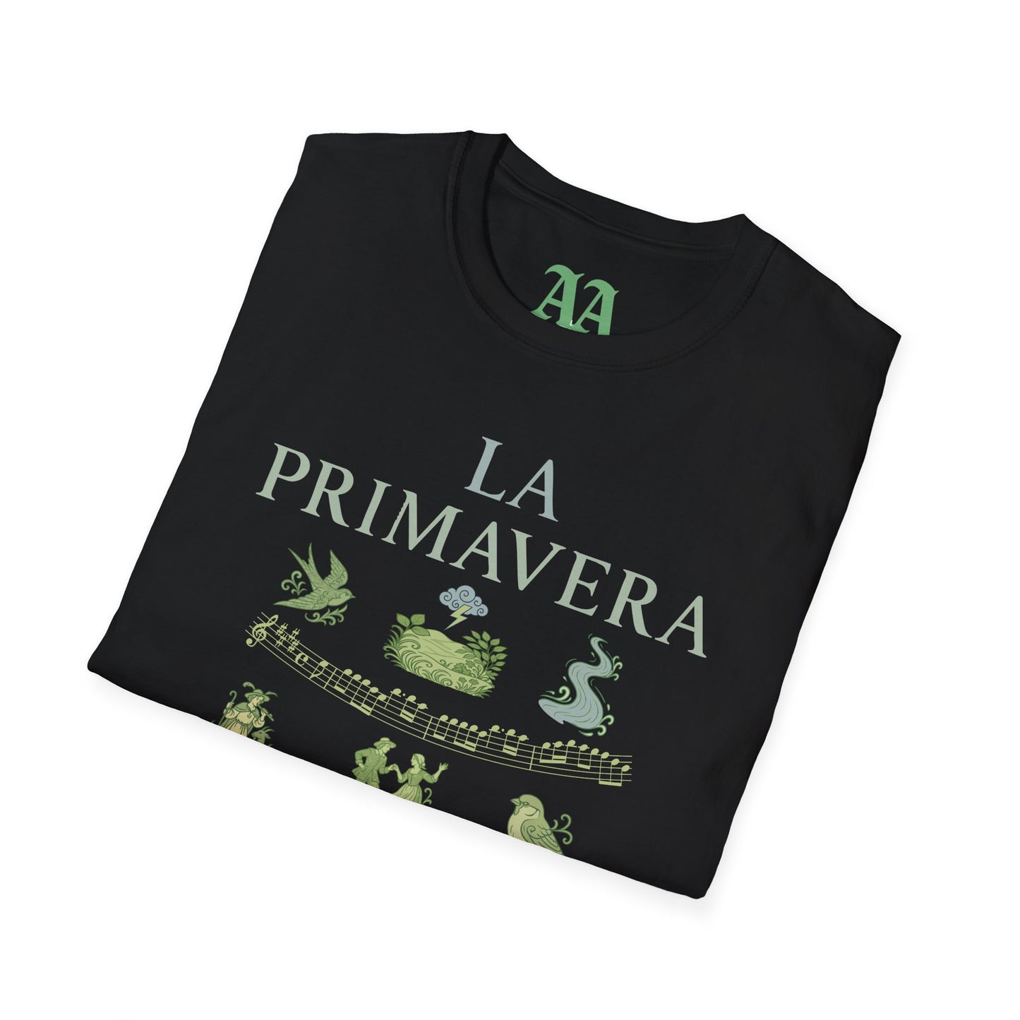 Vivaldi Spring T Shirt with musical excerpts and images depicting the season T Shirt__Black__folded