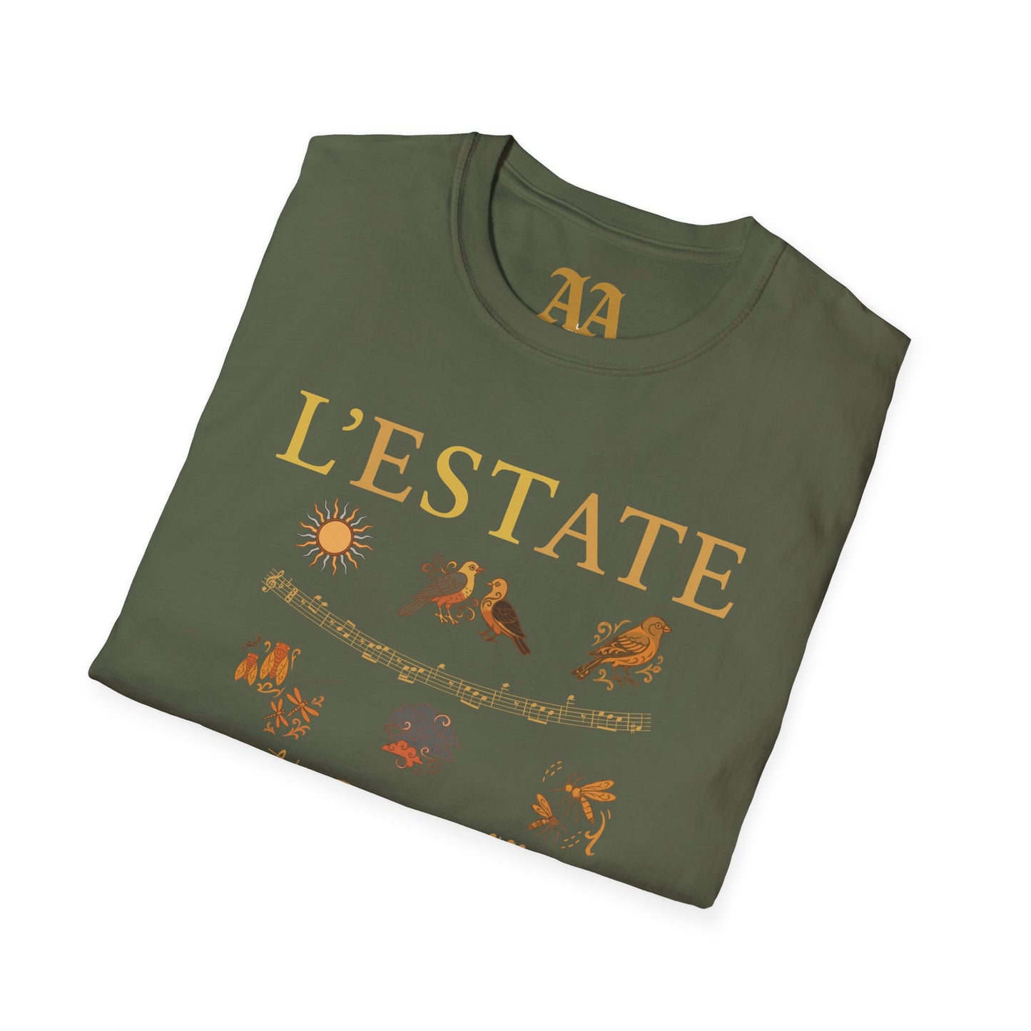 Vivaldi Summer T Shirt with musical excerpts and images depicting the season T Shirt__Military Green__folded