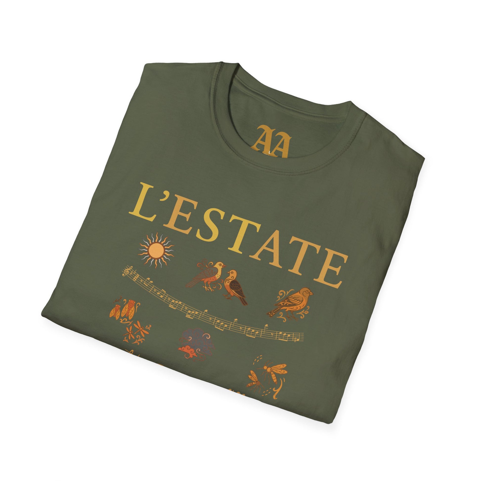 Vivaldi Summer T Shirt with musical excerpts and images depicting the season T Shirt__Military Green__folded