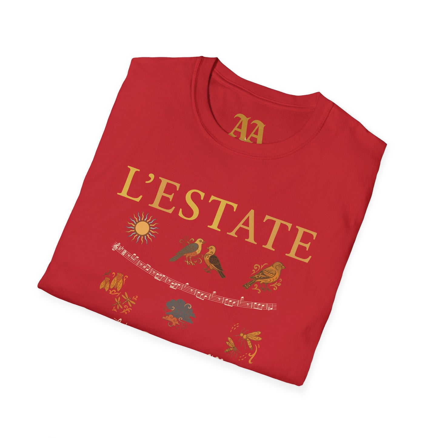 Vivaldi Summer T Shirt with musical excerpts and images depicting the season T Shirt__Red__folded