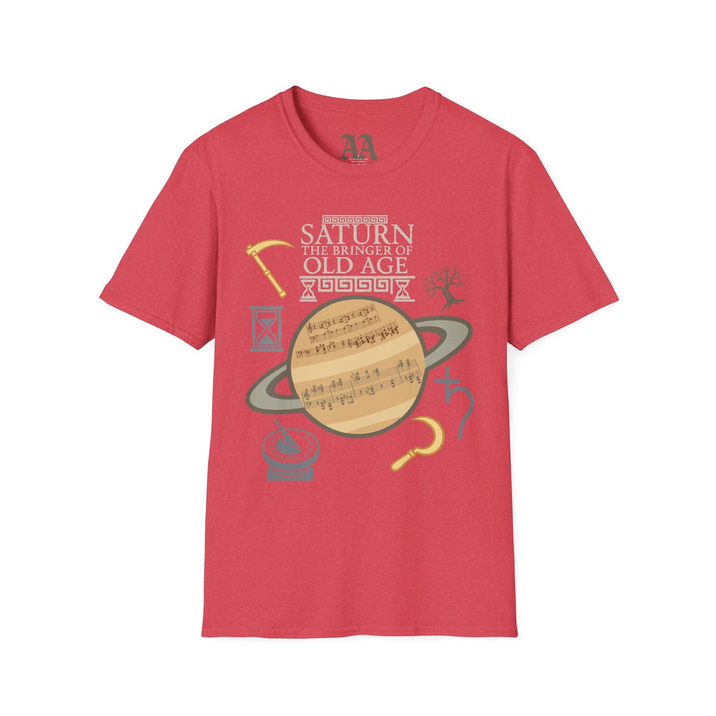 Holst Saturn sheet music astrological symbols T Shirt__Heather Red__hanging