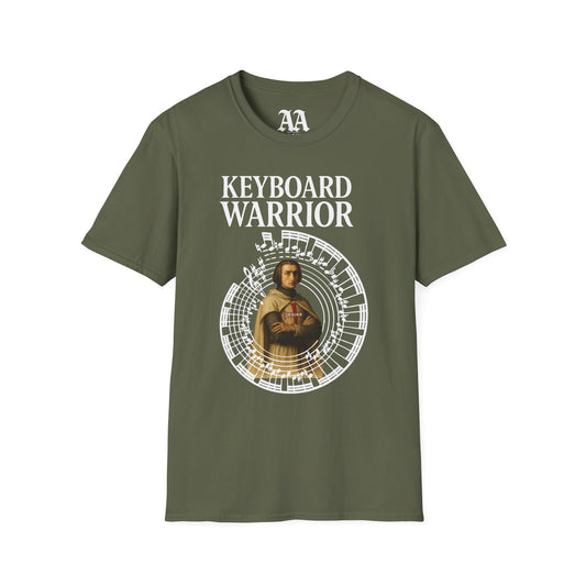 Franz Liszt Keyboard Warrior dressed as a Knights Templar circled by excerpt from his Mephisto Waltz number 1 T Shirt__Military Green__hanging