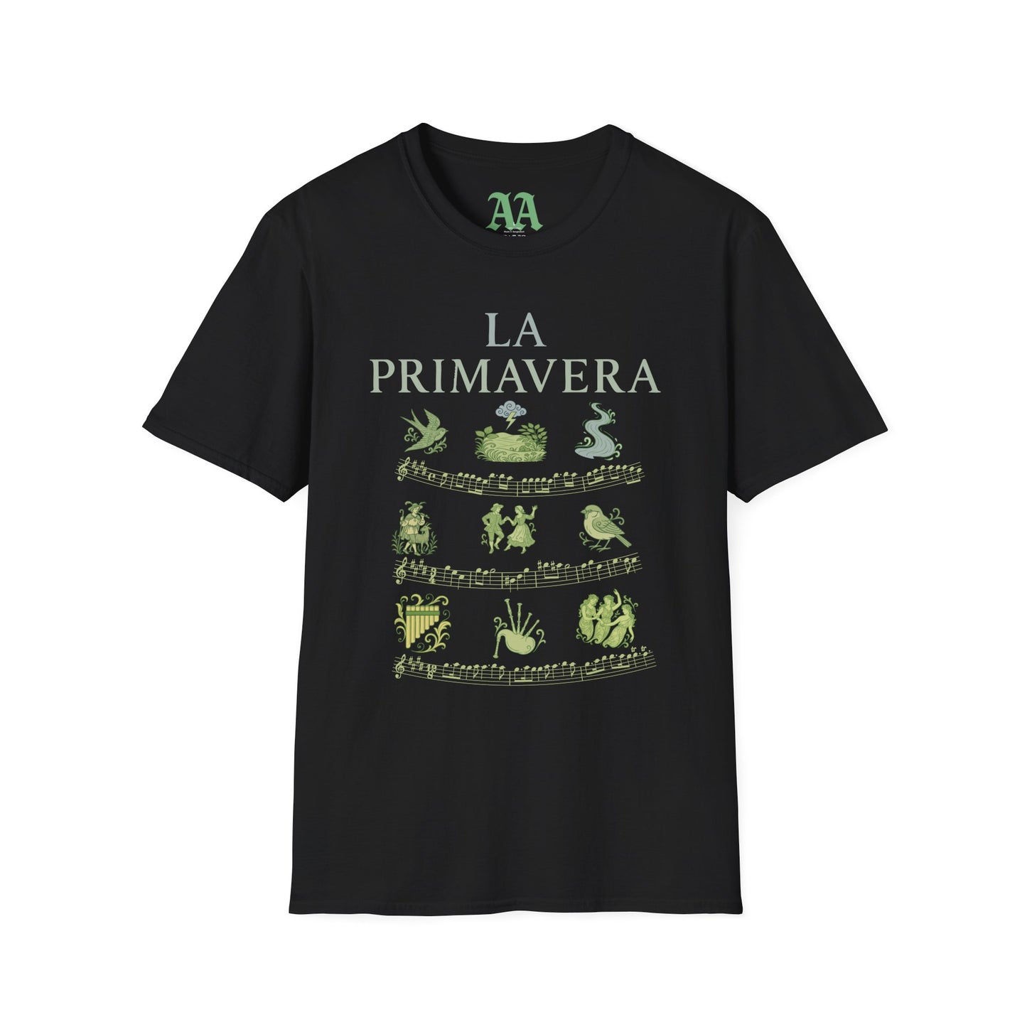 Vivaldi Spring T Shirt with musical excerpts and images depicting the season T Shirt__Black__hanging