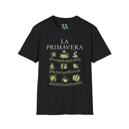 Vivaldi Spring T Shirt with musical excerpts and images depicting the season T Shirt__Black__hanging