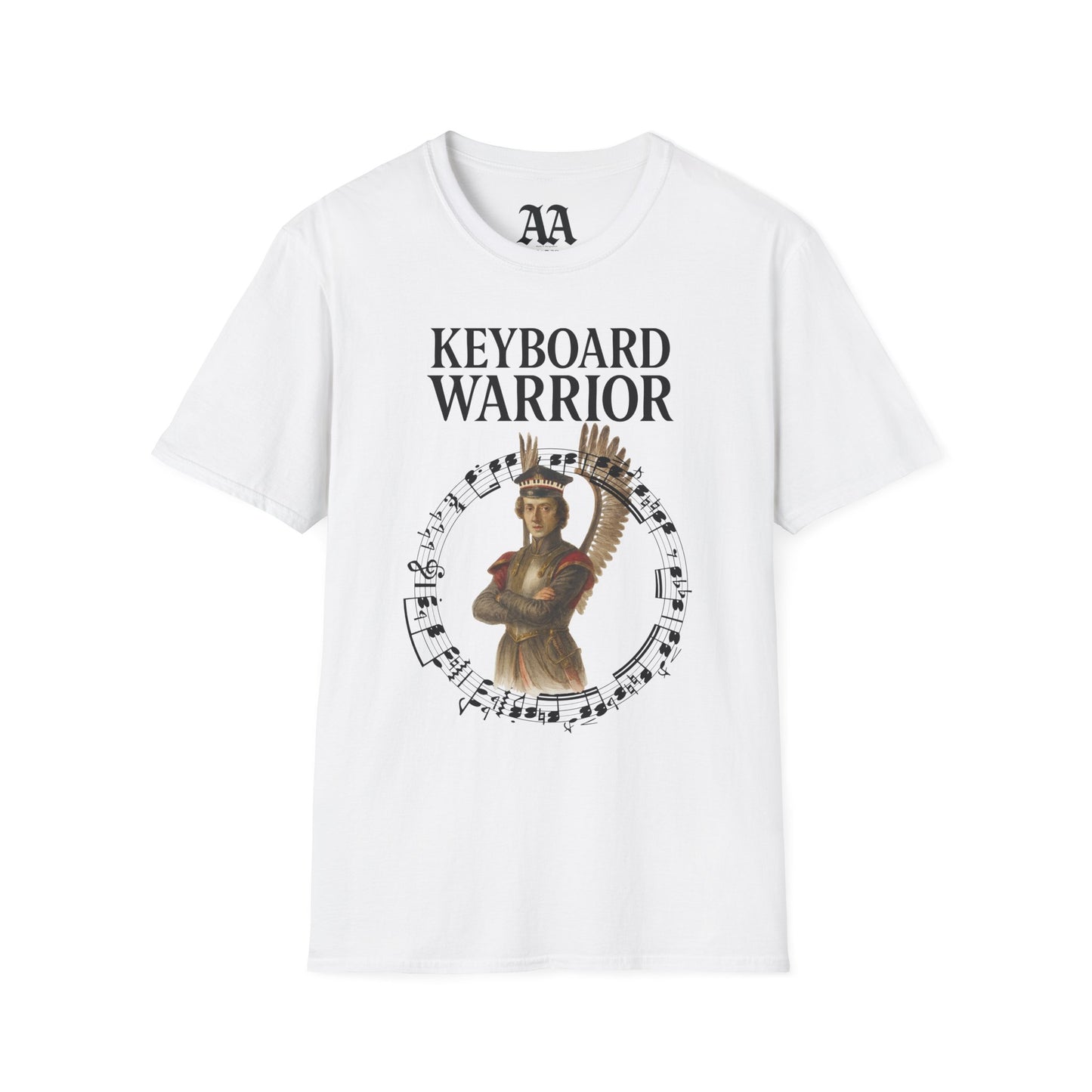 Chopin dressed as a winged hussar labelled keyboard warrior with excerpt from his A-flat polonaise T Shirt__White__hanging