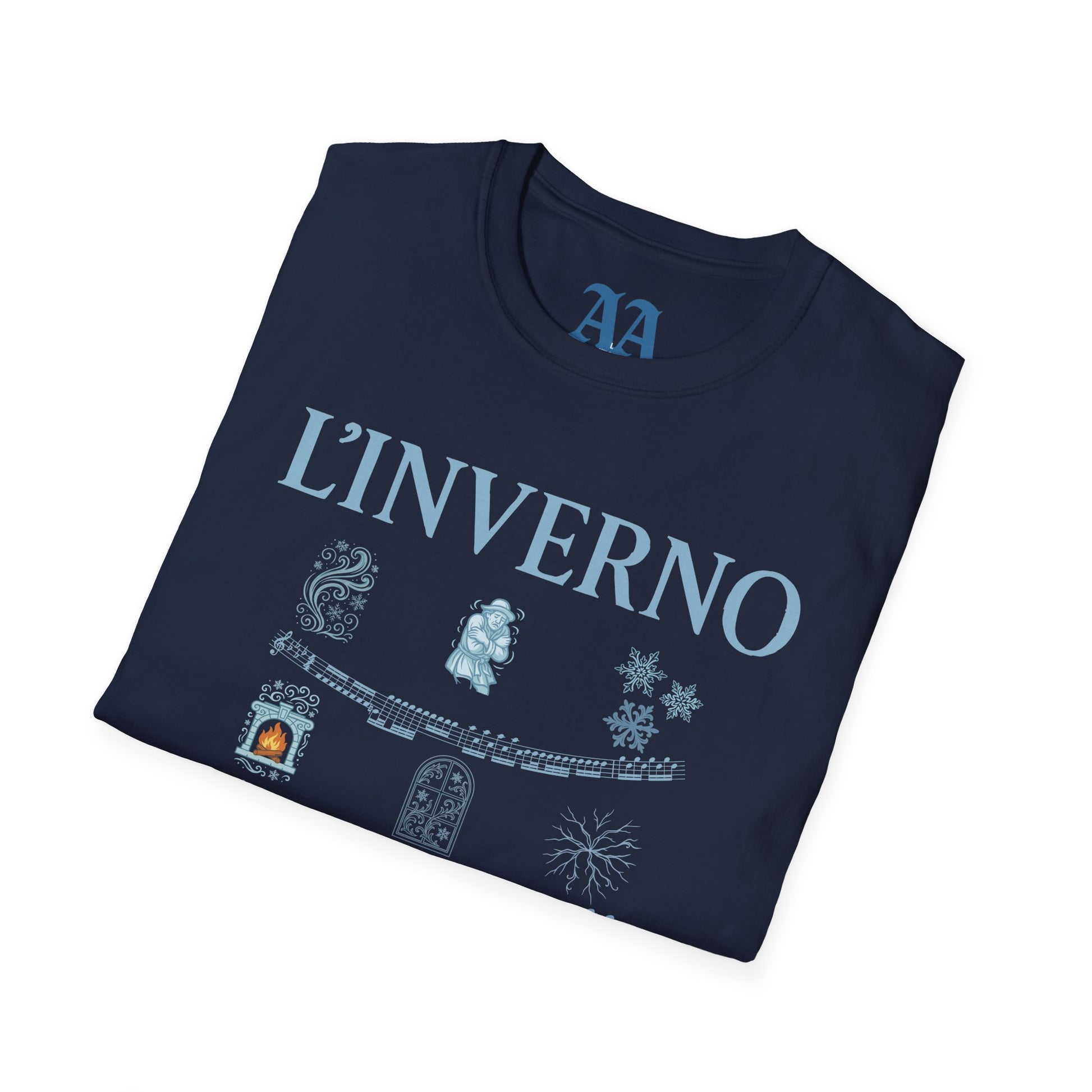 Vivaldi Winter T Shirt with musical excerpts and images depicting the season T Shirt__Navy__folded