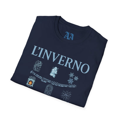 Vivaldi Winter T Shirt with musical excerpts and images depicting the season T Shirt__Navy__folded