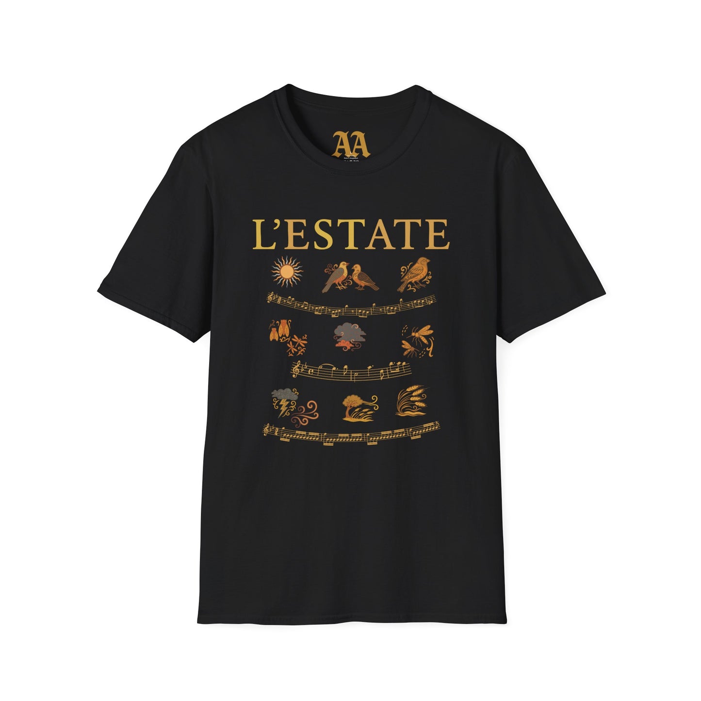 Vivaldi Summer T Shirt with musical excerpts and images depicting the season T Shirt__Black__hanging