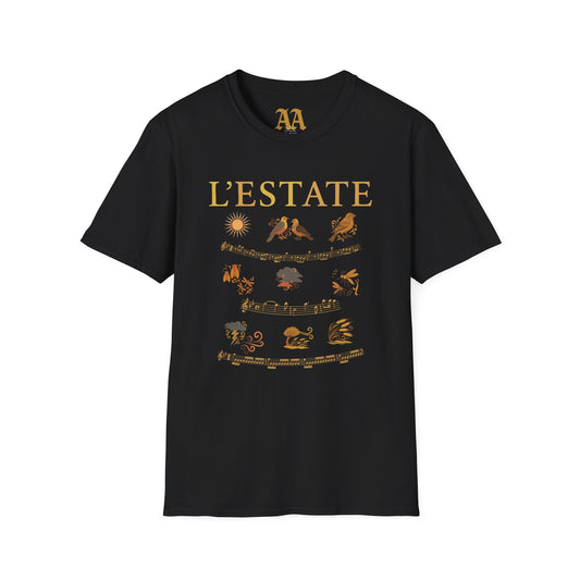 Vivaldi Summer T Shirt with musical excerpts and images depicting the season T Shirt__Black__hanging