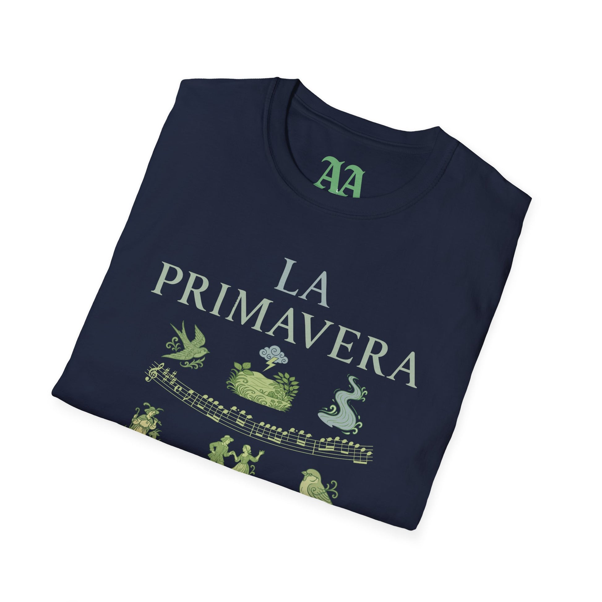 Vivaldi Spring T Shirt with musical excerpts and images depicting the season T Shirt__Navy__folded