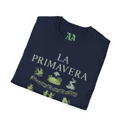 Vivaldi Spring T Shirt with musical excerpts and images depicting the season T Shirt__Navy__folded
