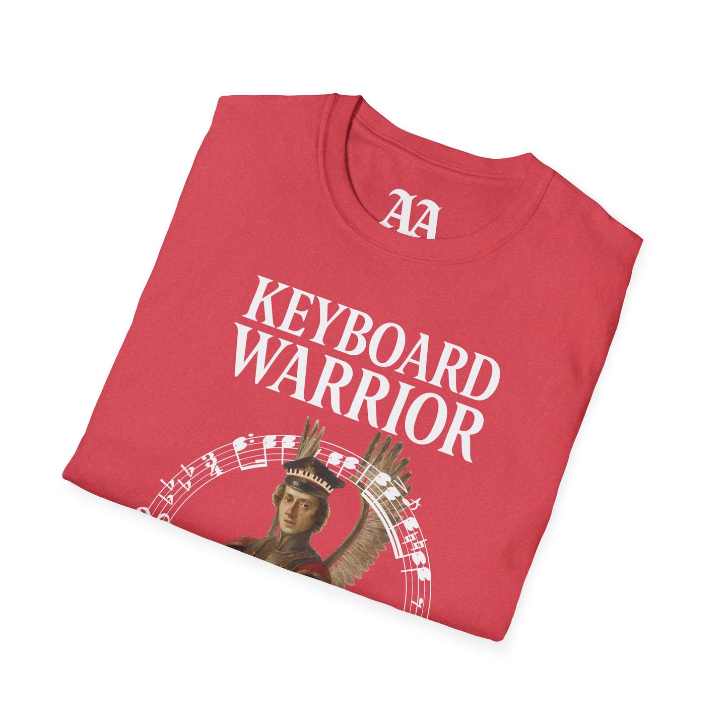 Chopin dressed as a winged hussar labelled keyboard warrior with excerpt from his A-flat polonaise T Shirt__Heather Red__folded