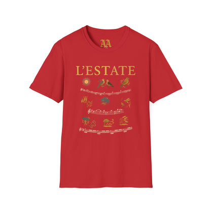 Vivaldi Summer T Shirt with musical excerpts and images depicting the season T Shirt__Red__hanging