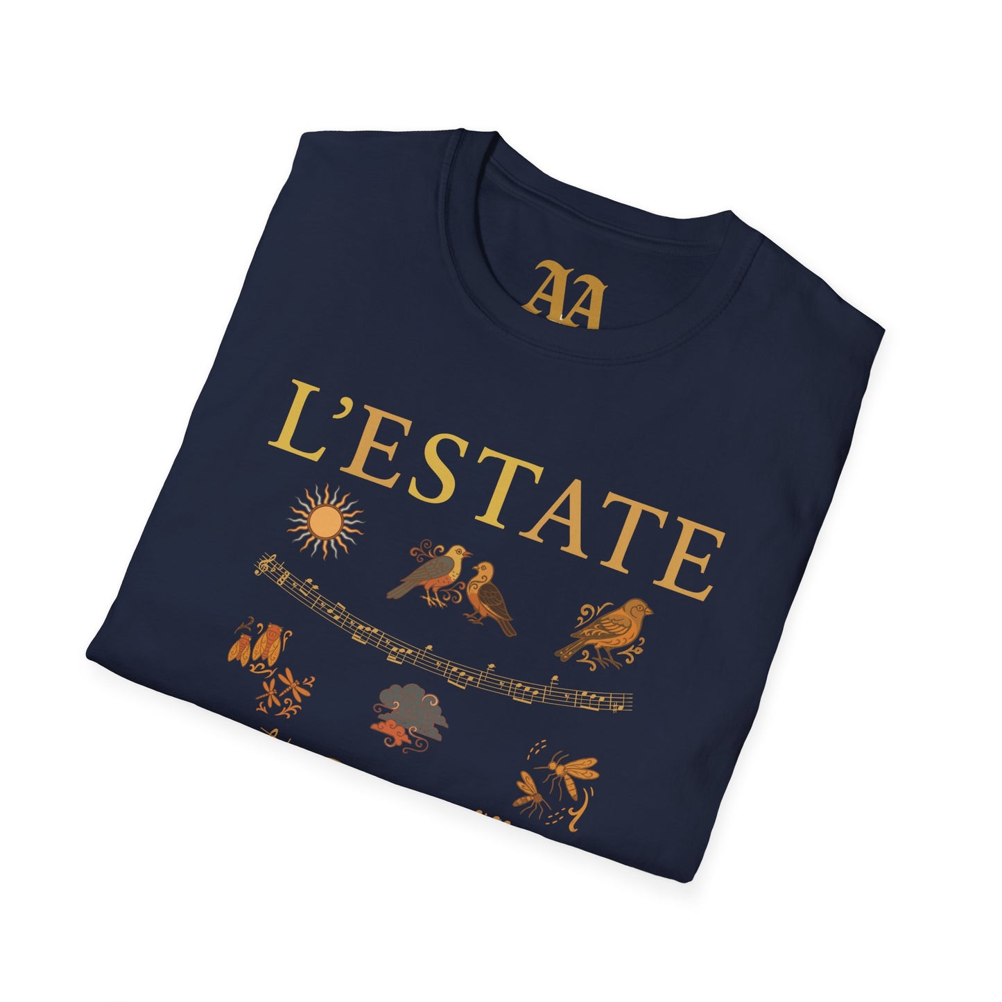Vivaldi Summer T Shirt with musical excerpts and images depicting the season T Shirt__Navy__folded