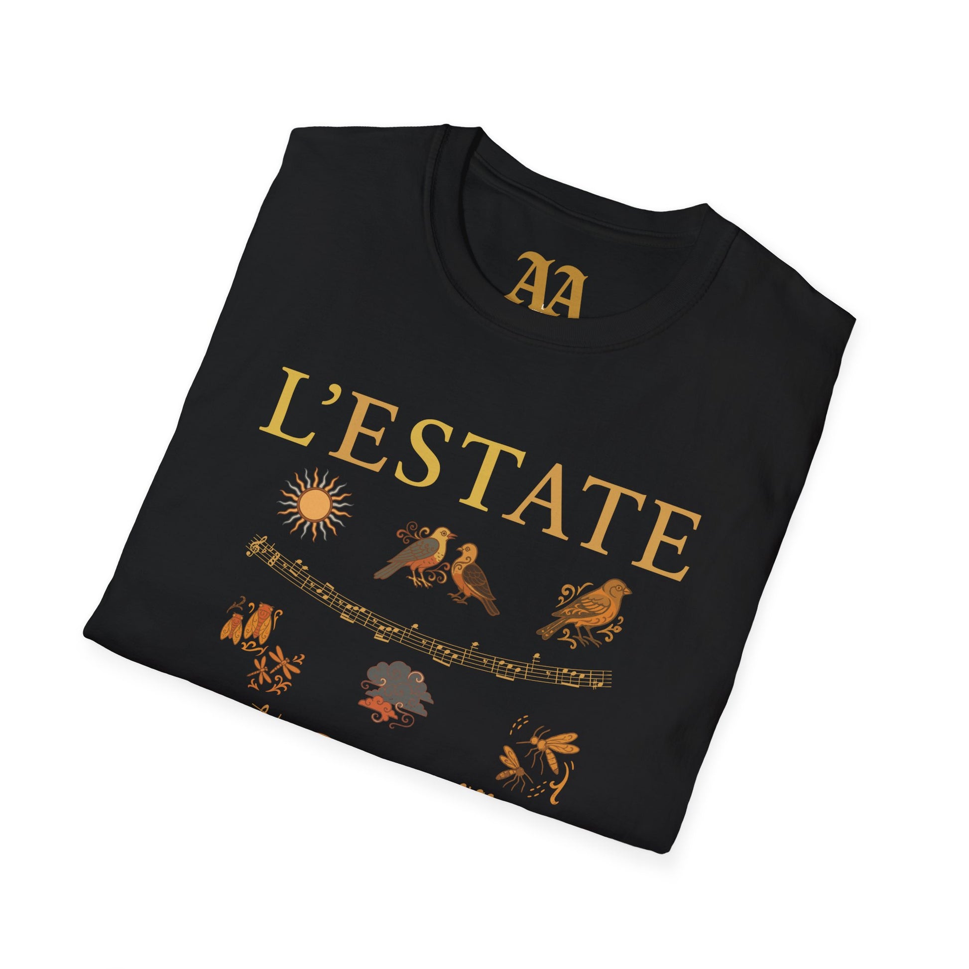 Vivaldi Summer T Shirt with musical excerpts and images depicting the season T Shirt__Black__folded