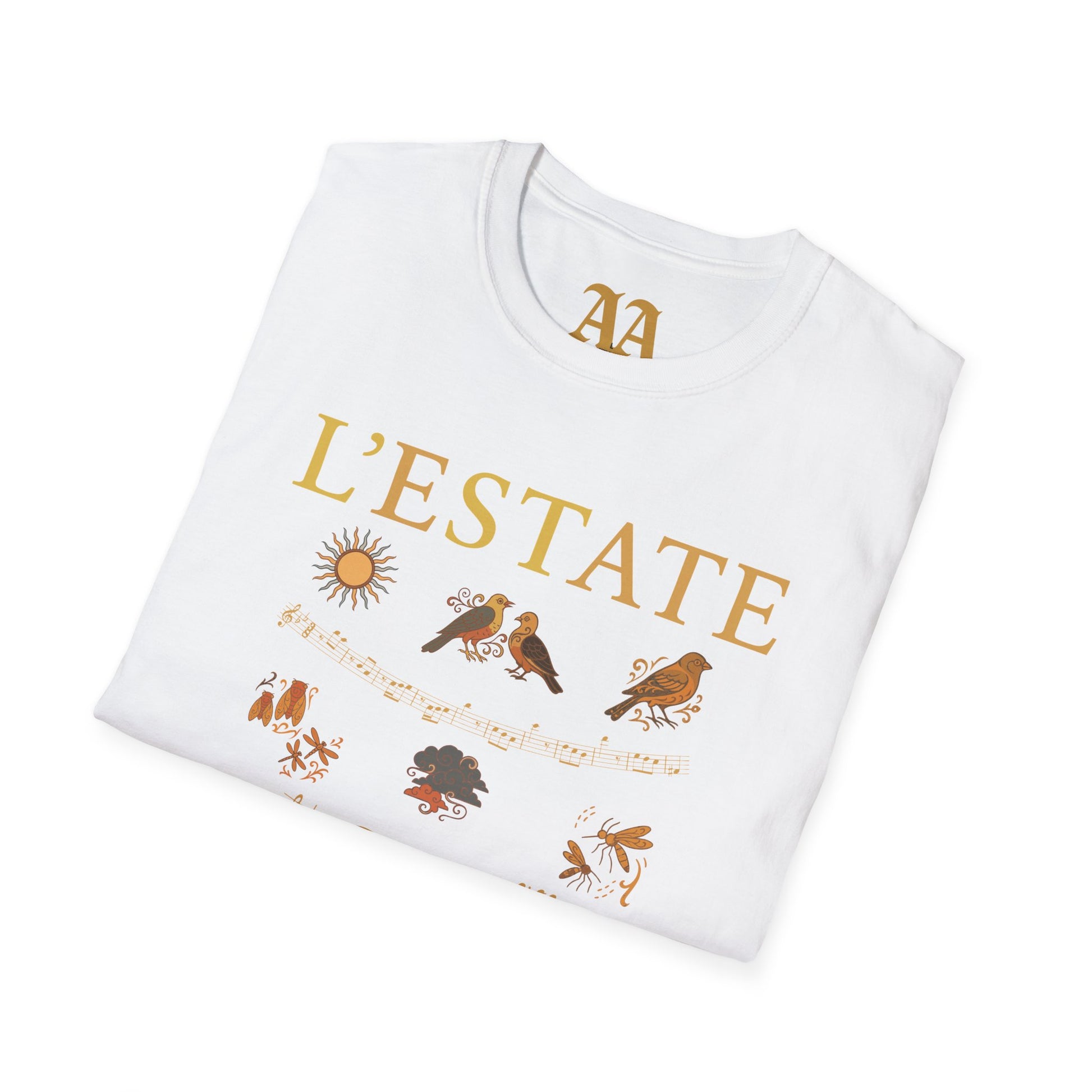 Vivaldi Summer T Shirt with musical excerpts and images depicting the season T Shirt__White__folded