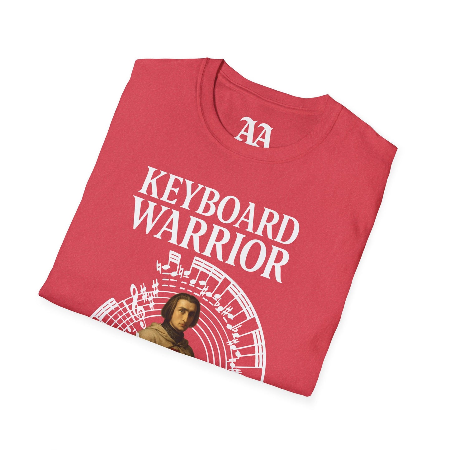 Franz Liszt Keyboard Warrior dressed as a Knights Templar circled by excerpt from his Mephisto Waltz number 1 T Shirt__Heather Red__folded