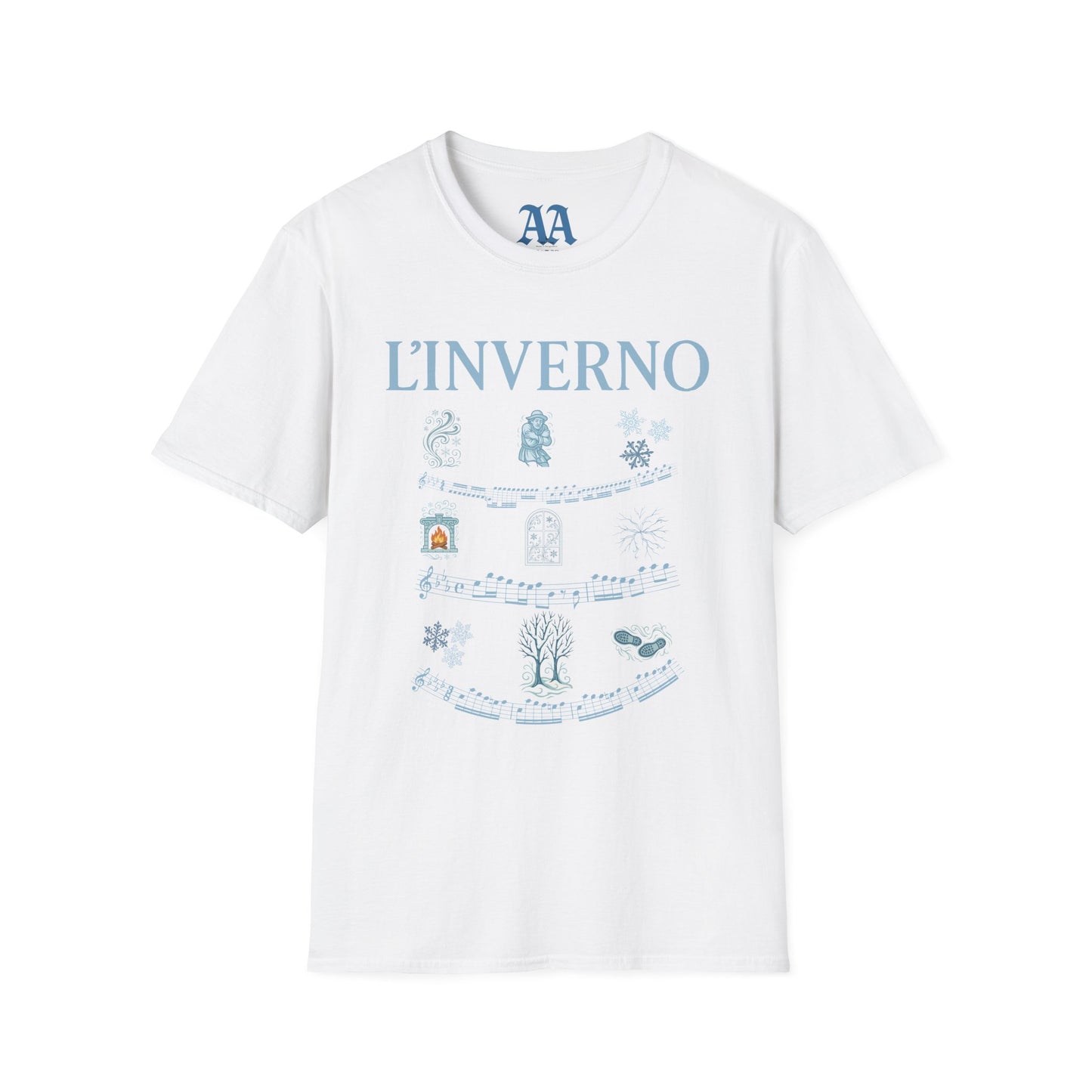 Vivaldi Winter T Shirt with musical excerpts and images depicting the season T Shirt__White__hanging