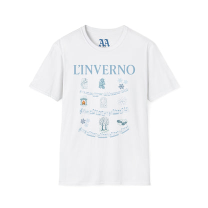 Vivaldi Winter T Shirt with musical excerpts and images depicting the season T Shirt__White__hanging