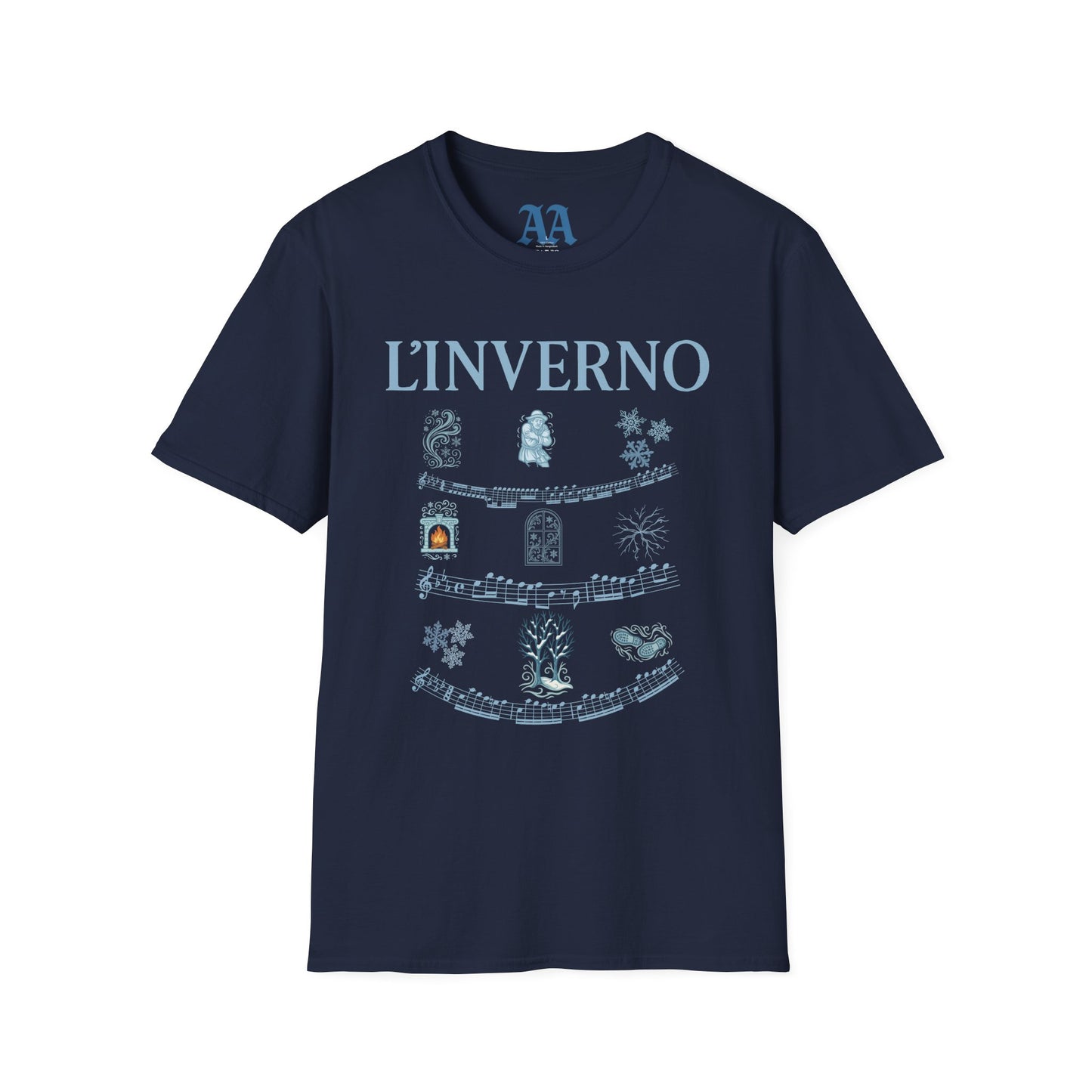 Vivaldi Winter T Shirt with musical excerpts and images depicting the season T Shirt__Navy__hanging